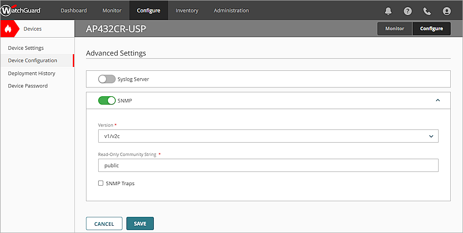 Screen shot of the advanced settings with SNMP enabled
